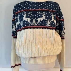 Vintage Mens L. Cozy Cream and Blue Reindeer Sweater